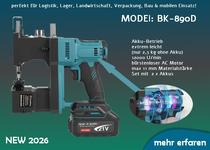 Tragbare Akku-Beutelnähmaschine / Sackverschließmaschine BL-890D - Set mit 2 x Akkus